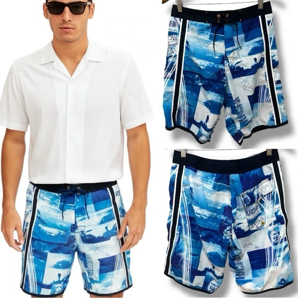 250 Hawaiian 581 | EUC Brazil Men’s Vintage Blue Surf Print Board Shorts (Sz 29)